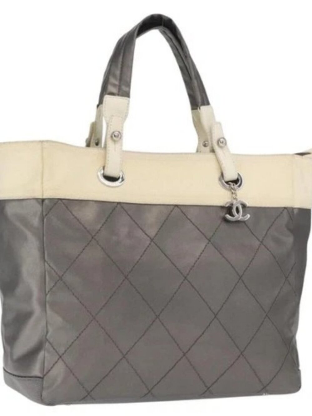 CHANEL Paris Biarritz GM Tote Bag Nylon Silver CC Auth BA10114